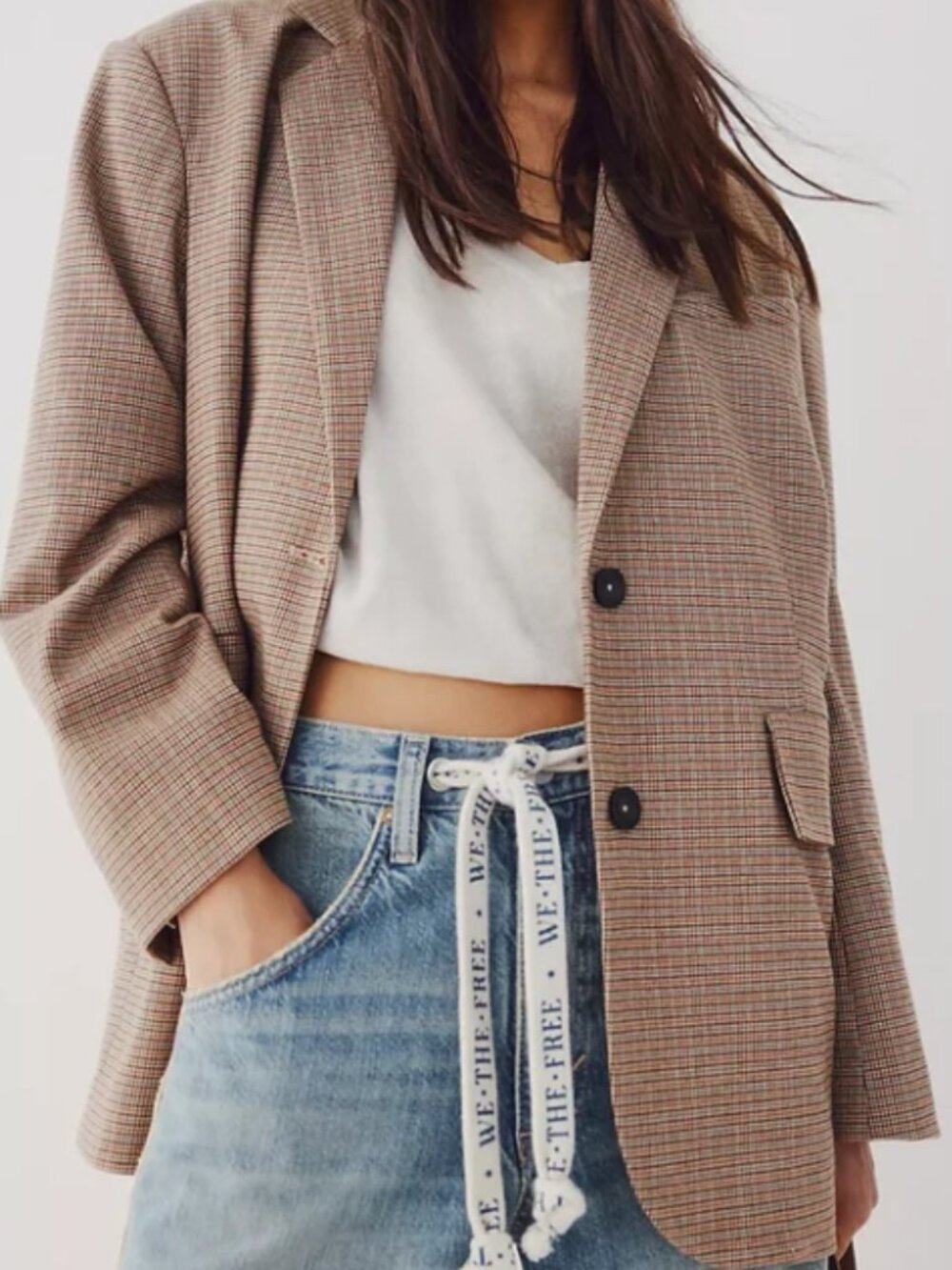 Free People Reggie Oversized Plaid Blazer XS Neutral Check